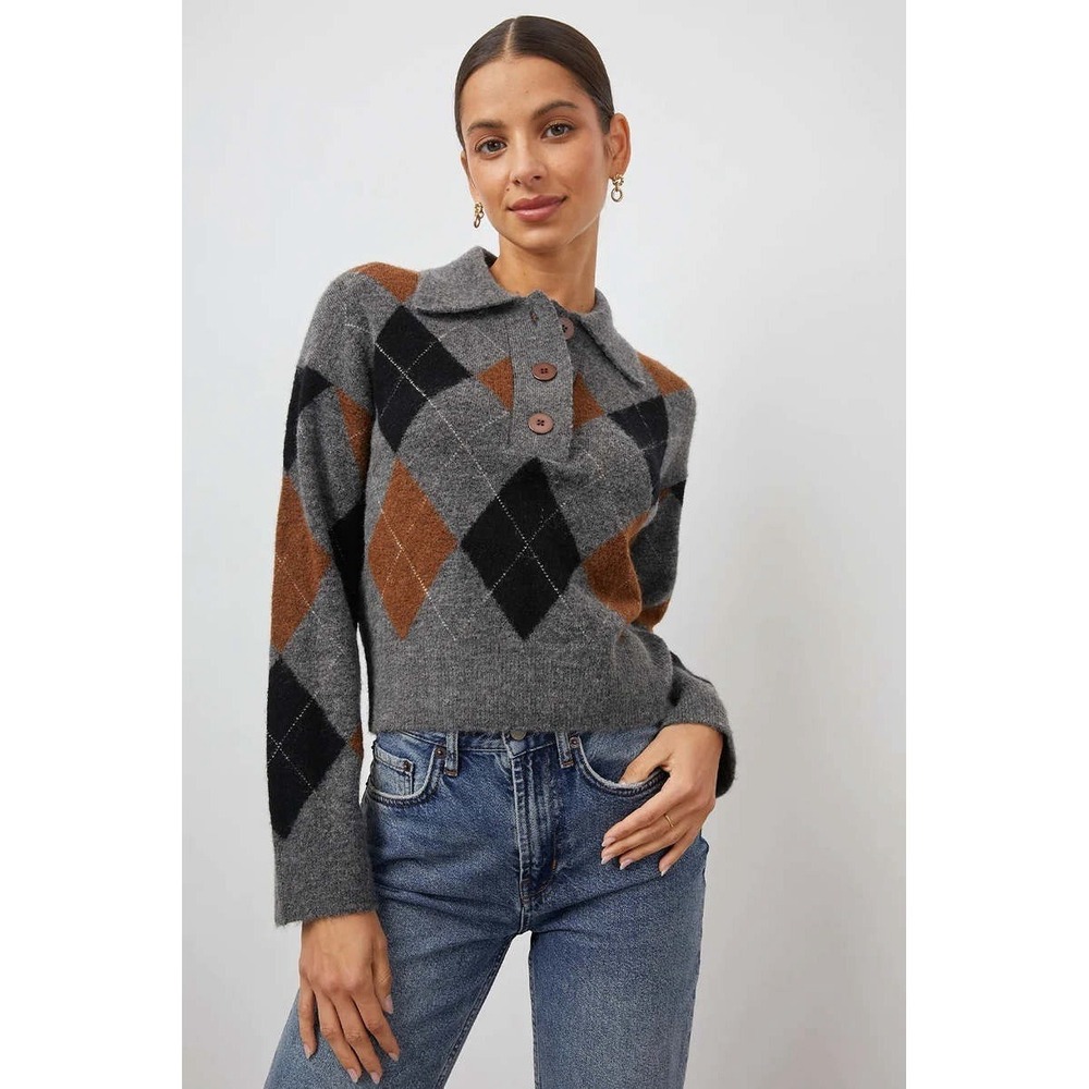 Rails Shae Argyle Polo Cropped Sweater in Heather Toffee Argyle Sz M